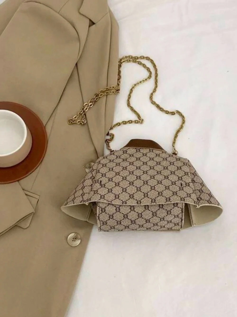 Brown Patterned Jacket-Style Crossbody Bag